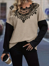 Contrast Lace Round Neck Long Sleeve T-Shirt OutfitFlow
